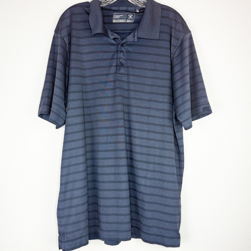 Cutter & Buck Mens XL CB DryTec Luxe Striped Polo Shirt Navy Blue Short Sleeve